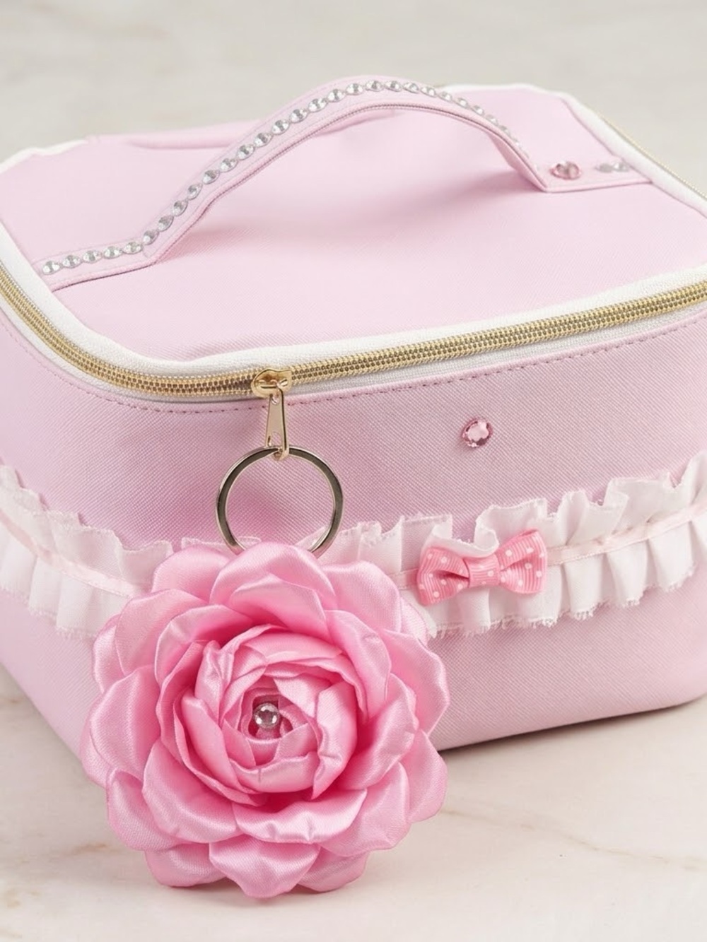 Pink Satin Floral Cosmetic Case with Rhinestone Handle